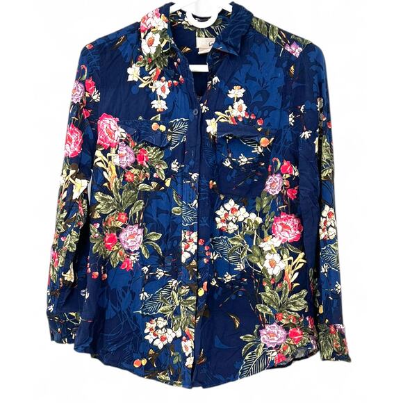 CHICO'S | 0 = S /4 | Top Button Up Down Blouse Easy Shirt navy floral pattern - Picture 1 of 4